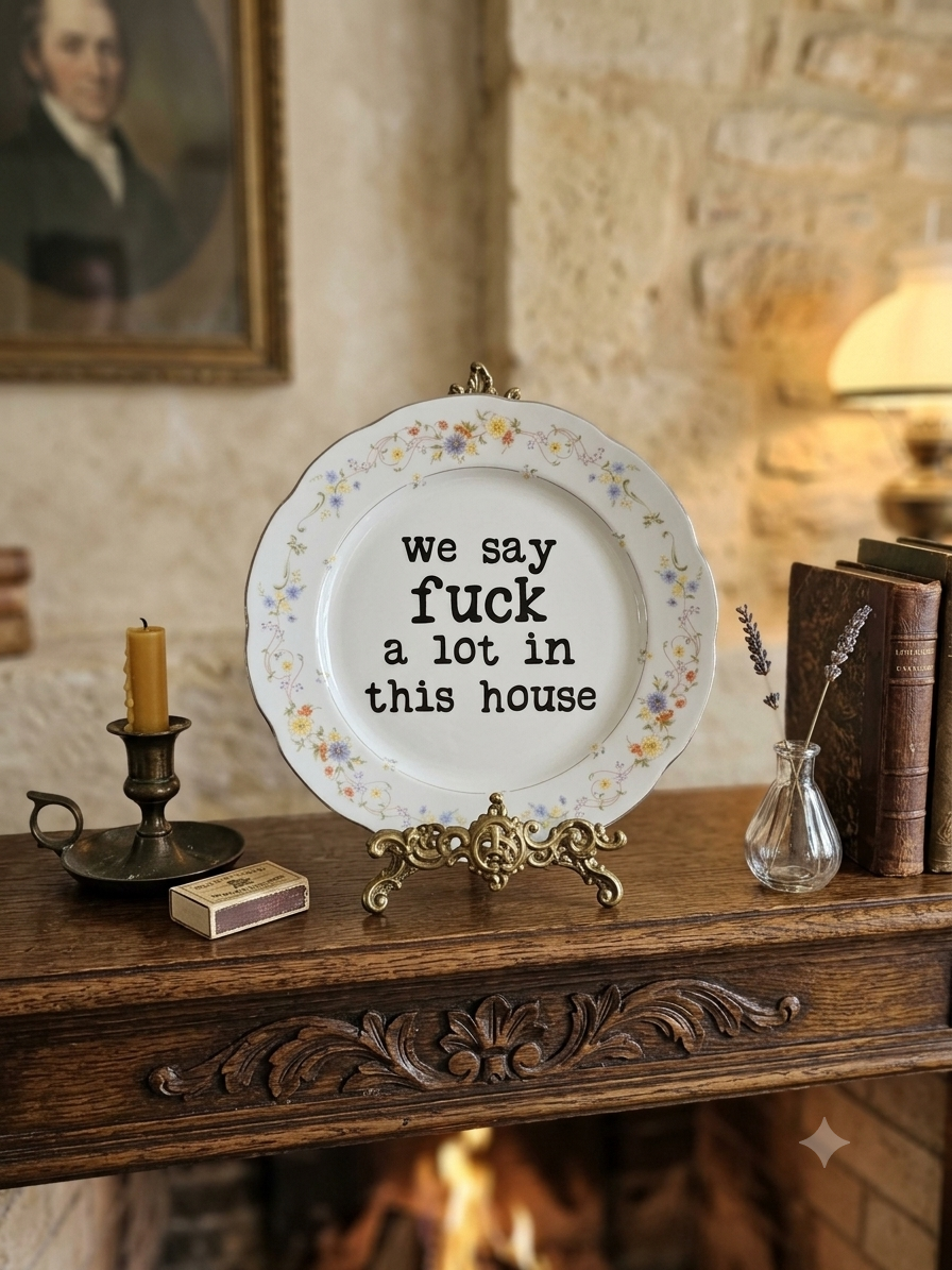 Upcycled & Unfiltered: "We Say Fuck A Lot In This House" 10" Vintage Scalloped Plate - Funny Housewarming Decor