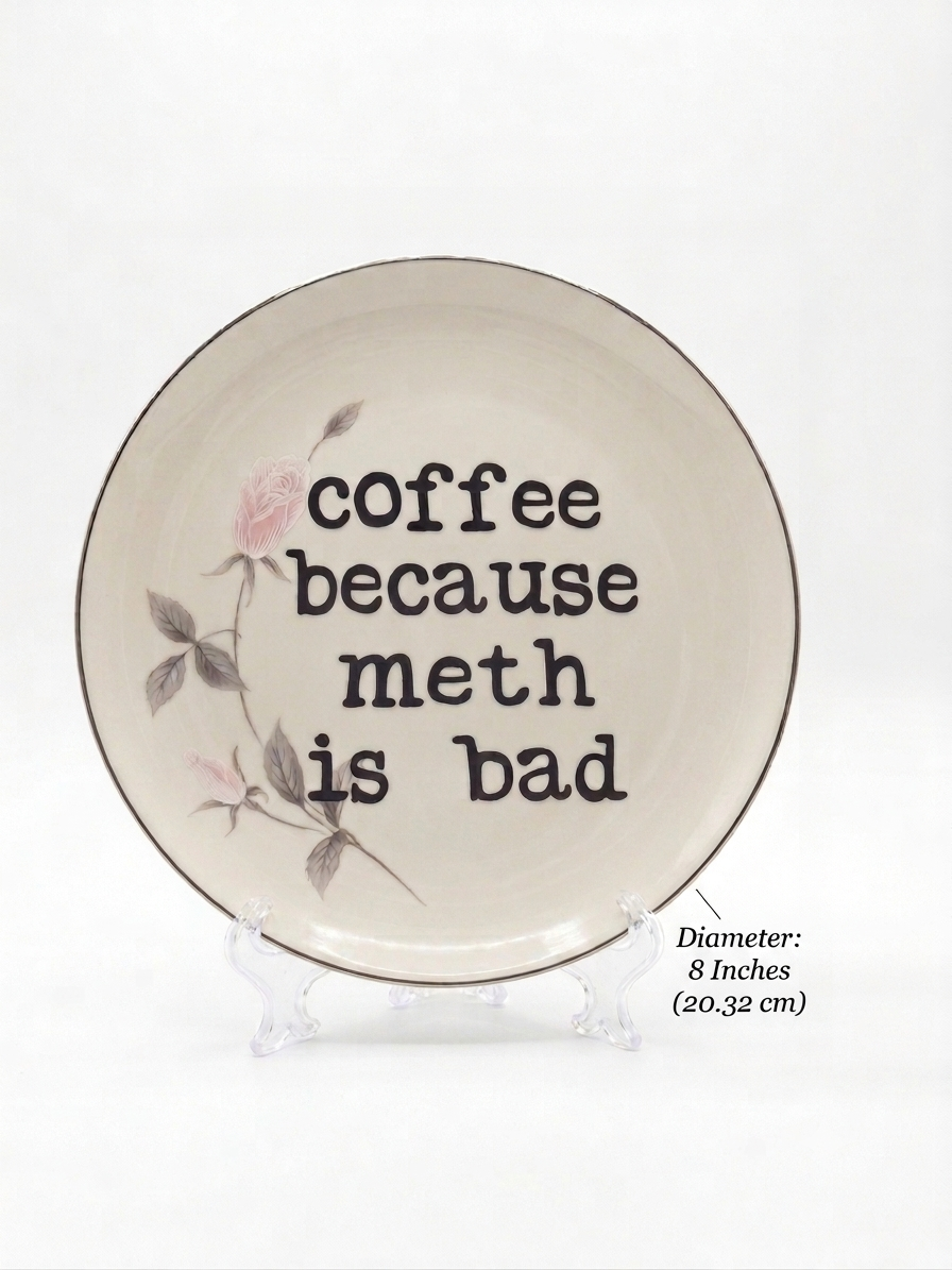 Upcycled & Unfiltered: "Coffee Because Meth Is Bad" 8" Vintage Plate - Dark Humor Coffee Station Decor