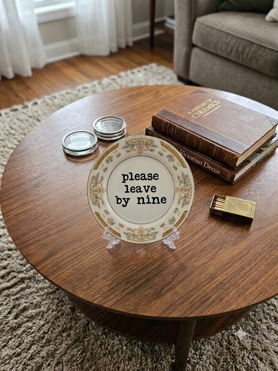 Upcycled & Unfiltered: "Please Leave By Nine" 6" Vintage Dessert Plate - Funny Introvert & Party Host Decor